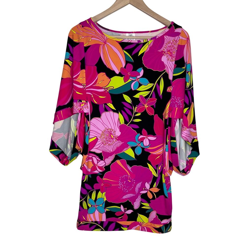 Trina Turk Floral Swim Cover Up Tunic Dress Pink Black Tropical Size S Resort - Picture 2 of 9
